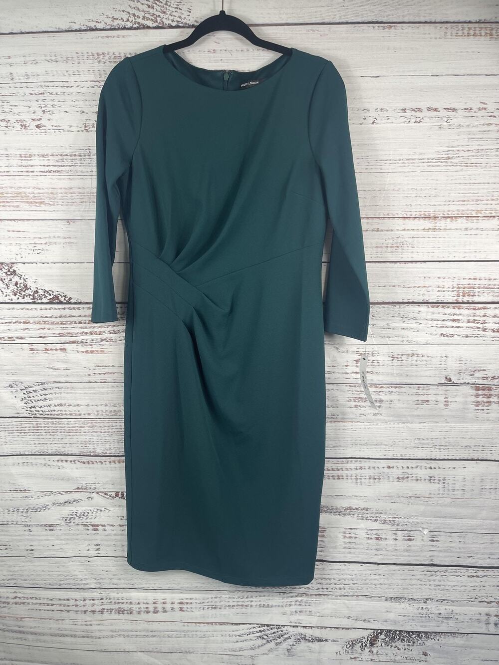 Maggy London Dress Womens 6 Deep Teal Ruched Sheath 3/4 Sleeve Lined Knee Length